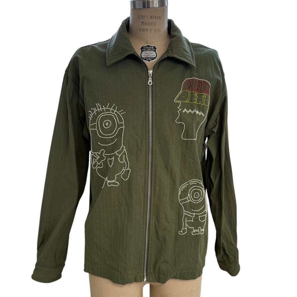 Brain Dead x Minions Jacket Mens Size L Green Embellished Beaded Full Zip